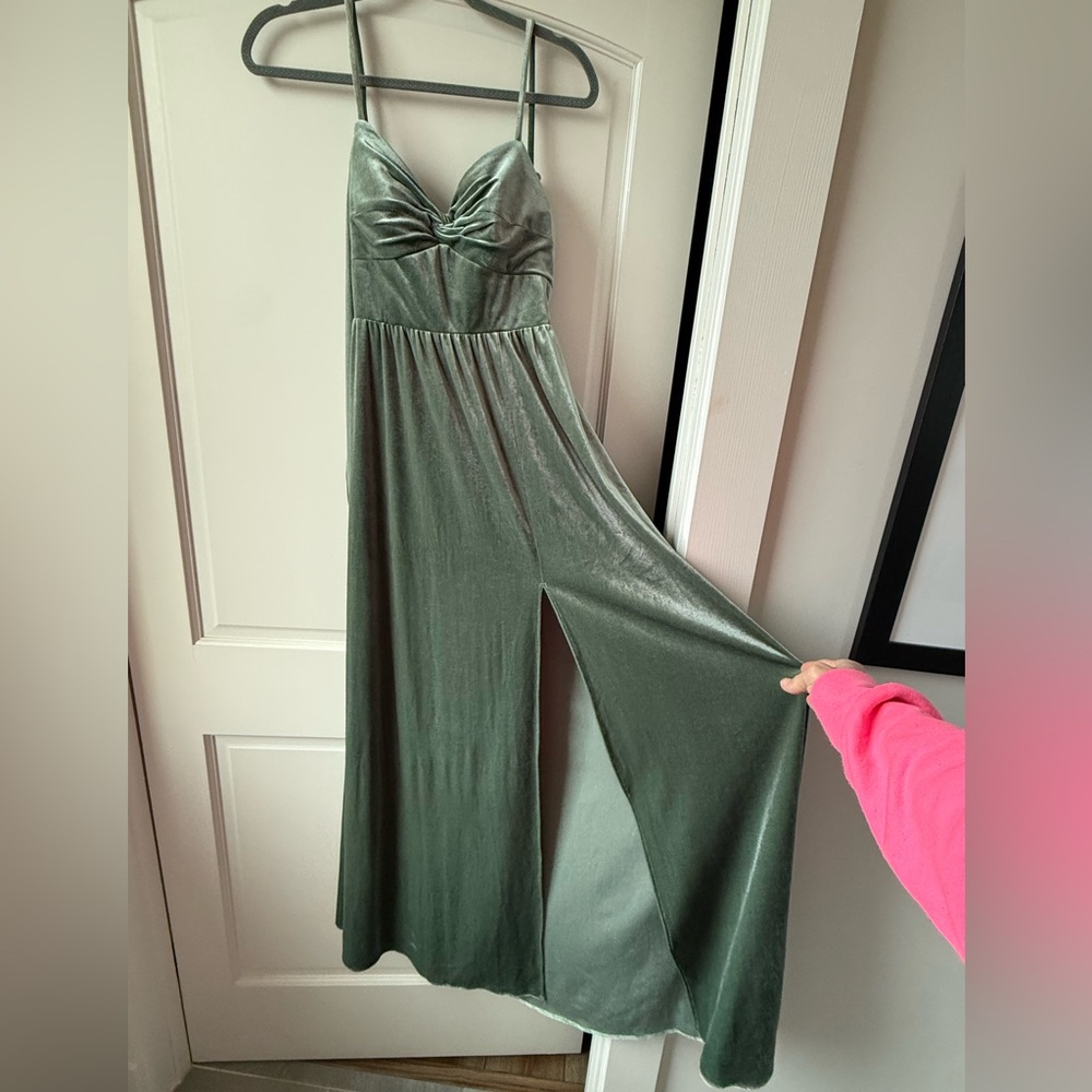 Azazie Sage Green Velvet V-Neck Wide-Leg Jumpsuit